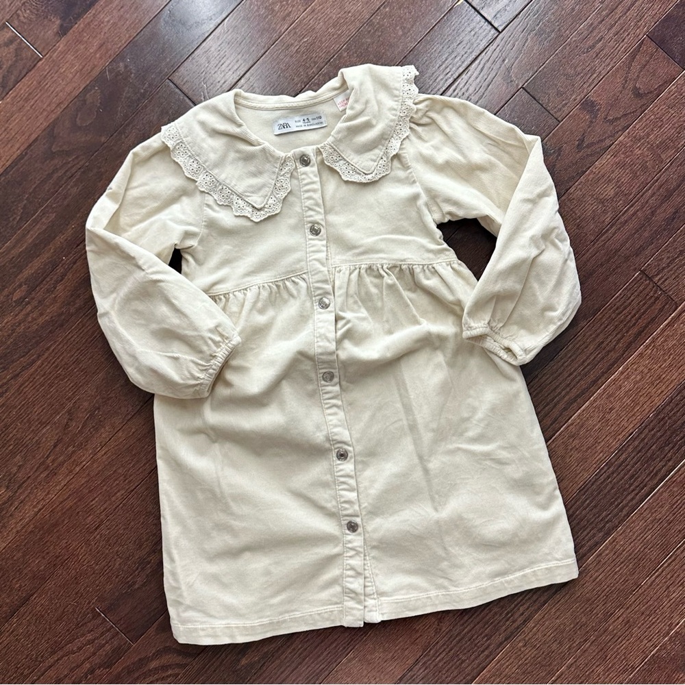 Zara Girls Cream Button-Up Dress with Lace Collar